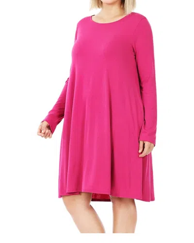 Zenana Long Sleeve With Pockets Dress In Magenta In Pink