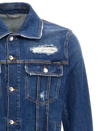 Dolce & Gabbana Blue Jacket With Classic Collar And Rips In Denim Stretch Man In Blue