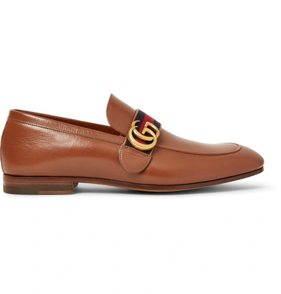 Gucci Webbing-trimmed Leather Loafers In Brown