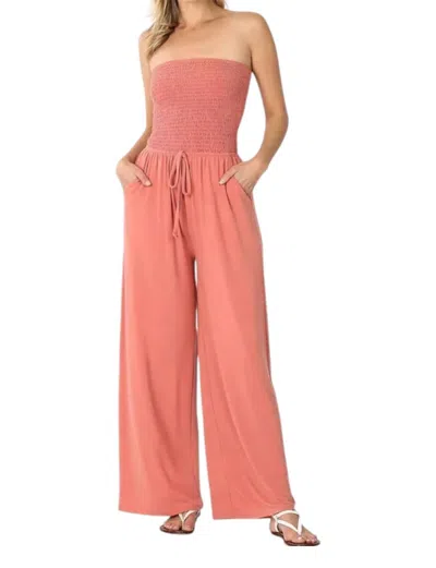 Zenana Smocked Romper Pants Suit In Coral In Pink