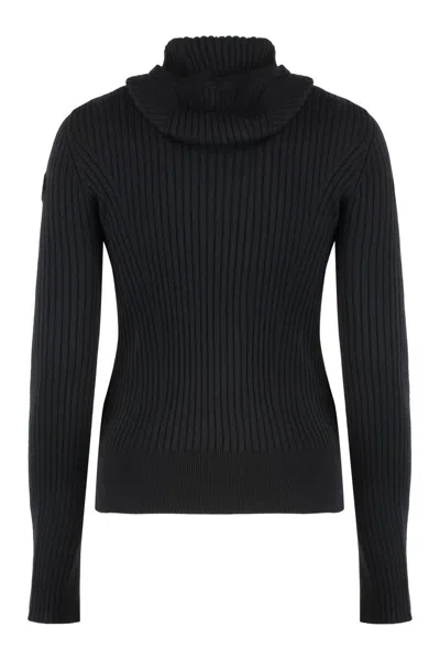 Moncler Wool-blend Ribbed Hooded Sweater In Black