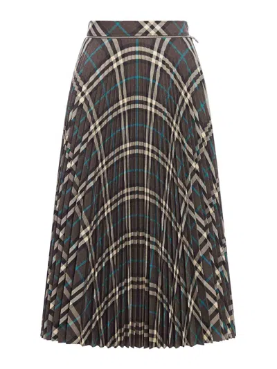 Burberry Long Multicolor Pleated Skirt With Check Motif In Wool Blend Woman In Negro