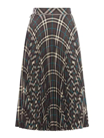 Burberry Long Multicolor Pleated Skirt With Check Motif In Wool Blend Woman In Negro