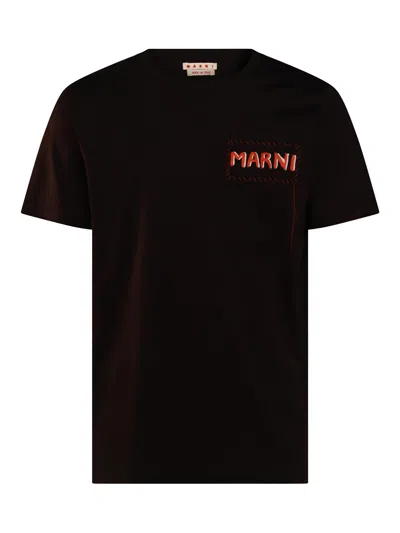 Marni Mens Black Embroidered Logo-patch Crewneck Cotton-jersey T-shirt In Negro