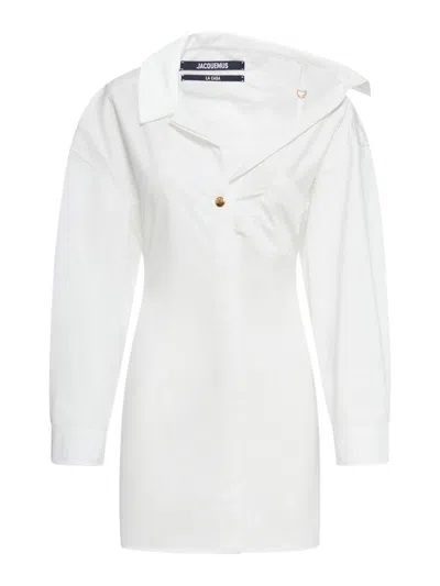 Jacquemus White Asymmetrical Cotton Mini Chemisier Dress In Blanco