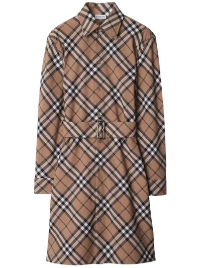 Burberry Waist Belted Shirt Dress With Checked Pattern