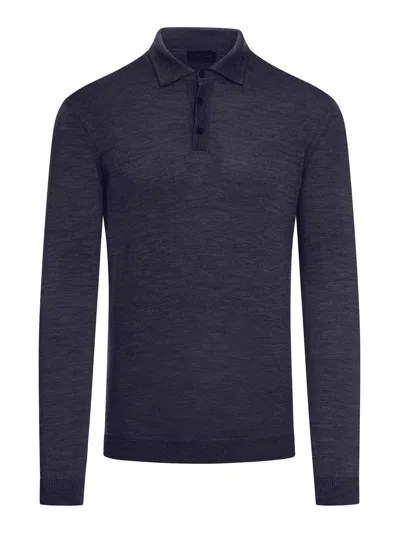 Shop Roberto Collina Long Sleeved Knitted Polo Shirt In Navy