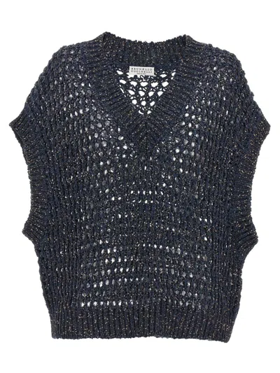 Brunello Cucinelli Sequin-embellished Open-knit Vest In Blue