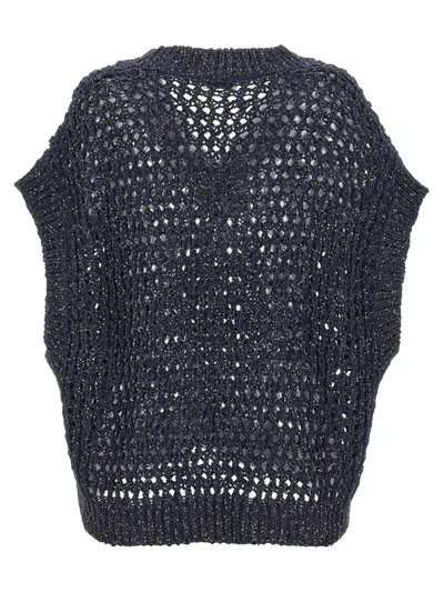 Brunello Cucinelli Sequin-embellished Open-knit Vest In Blue