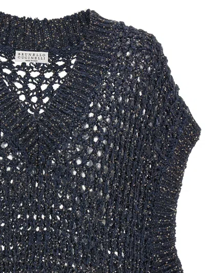 Brunello Cucinelli Sequin-embellished Open-knit Vest In Blue