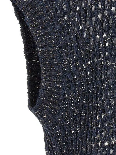Brunello Cucinelli Sequin-embellished Open-knit Vest In Blue