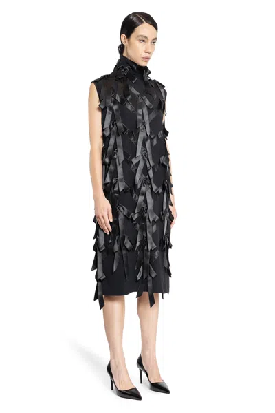 Prada Bow-detail Satin-trimmed Sablé Midi Dress In Black