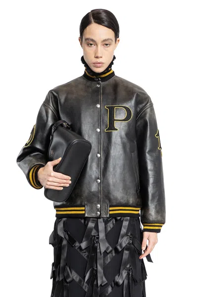 Prada Leather Bomber Jacket In Black