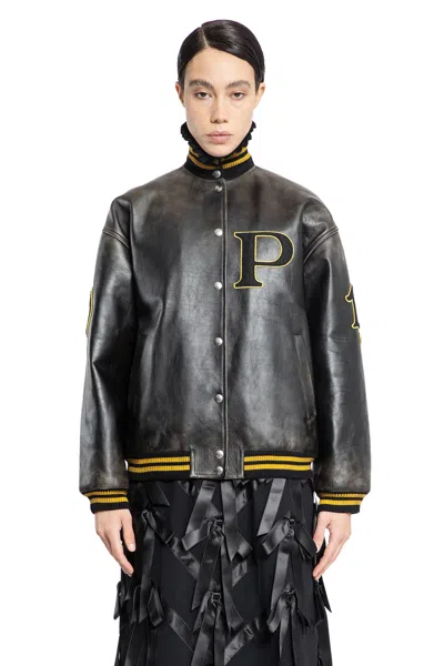 Prada Leather Bomber Jacket In Black
