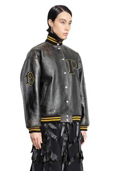 Prada Leather Bomber Jacket In Black