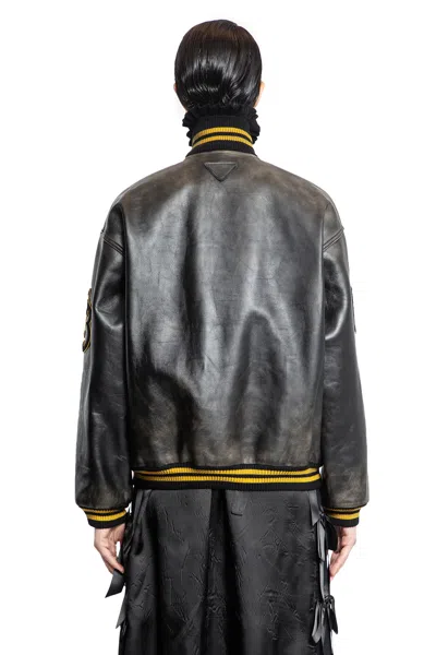 Prada Leather Bomber Jacket In Black