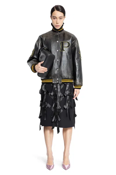 Prada Leather Bomber Jacket In Black