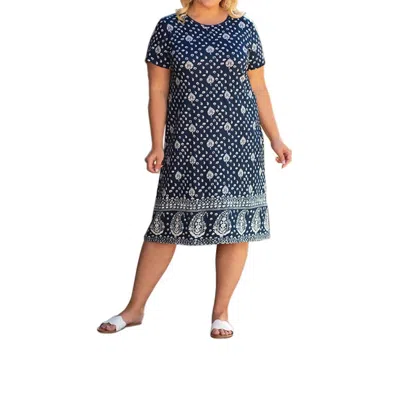 On The Plus Side Cotton Short Sleeve U-neck Penelope Dress - Plus Size In Charleston Blue In Multi