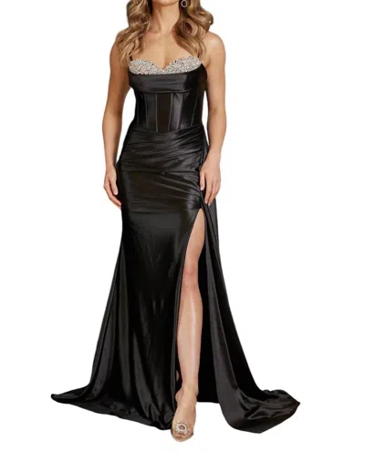 Nox Anabel Fitted Satin Beaded Sleeveless Slit Gown In Black In Black