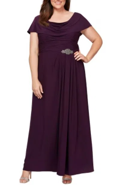 Alex Evenings Cowl Neck Beaded Waist Gown In Purple