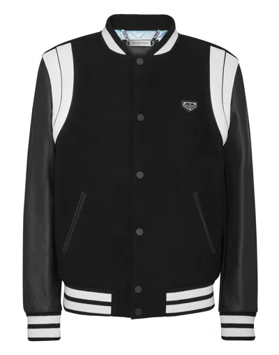 Philipp Plein Leather Sleeves Bomber Jacket In Black