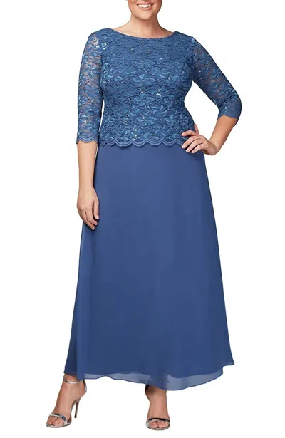 Alex Evenings Scalloped Lace And Chiffon Gown In Blue In Blue