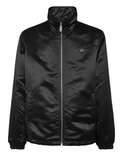Philipp Plein Logo-appliqué Satin-finish Windbreaker In Black