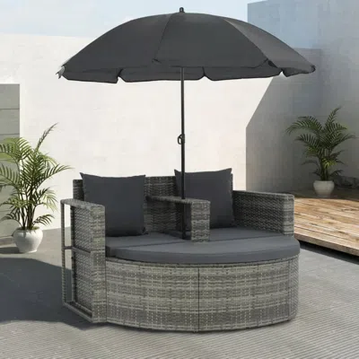 Vidaxl 2 Seater Garden Sofa With Cushions And Parasol Gray Poly Rattan, 44478
