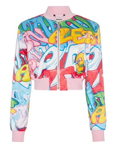 PHILIPP PLEIN SATIN CROPPED BOMBER BOMBING GRAFFITI 