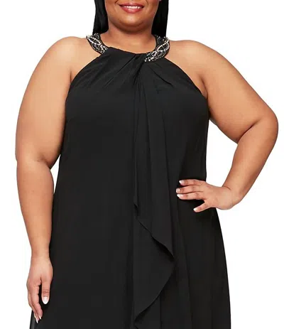 Ignite Evenings Halter Braid Bead Neck Chiffon Dress In Black In Black