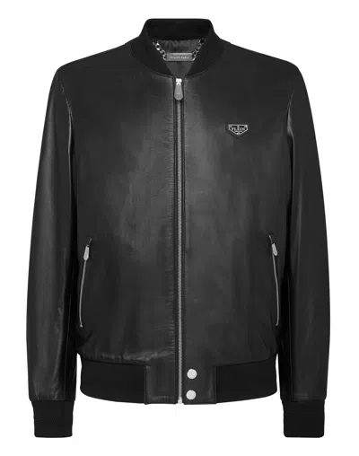 Philipp Plein Leather Bomber Jacket In Black