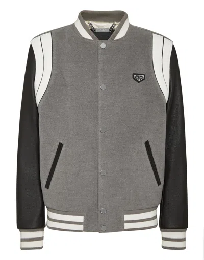 Philipp Plein Bomber Jacket Leather Sleeves College In Grey
