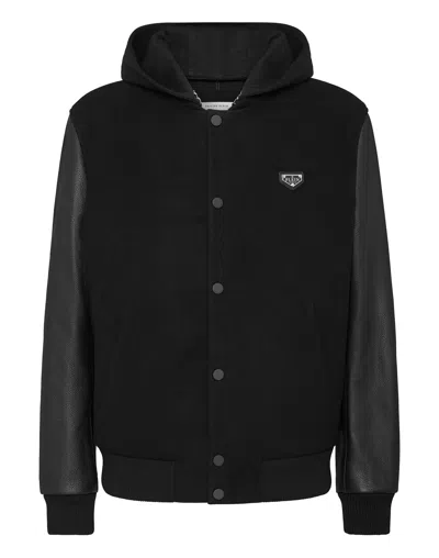 Philipp Plein Leather Sleeves Hooded Bomber Jacket In Black