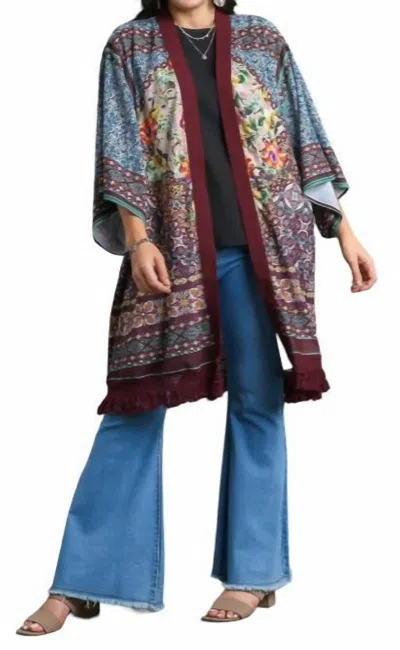 Umgee Open Front Print Kimono In Maroon Mix Plus In Multi