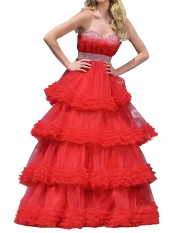 Colors Dress Beaded Ruffle Tulled Dress In Red In Red
