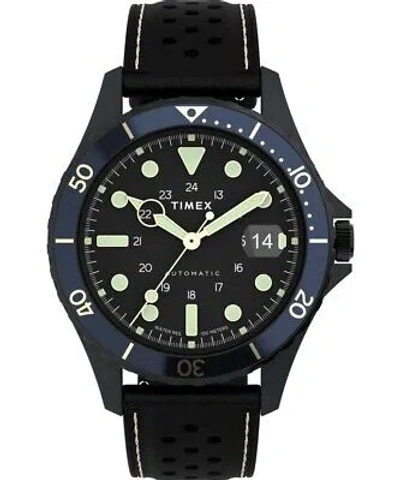 Pre-owned Timex Mens Automatic Wristwatch  Navy Tw2v41400 Leather Black Sub 100mt