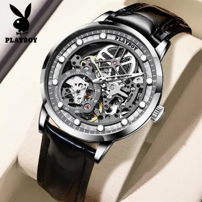 Pre-owned Playboy Mechanical Watch Hollow Fashion Men's High-end Watch In Black Leather Natural Gray Surface