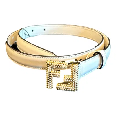 Pre-owned Fendi Ff Studded Skinny Ivory Latte Belt Size 85