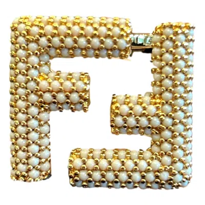 Pre-owned Fendi Ff Studded Skinny Ivory Latte Belt Size 85