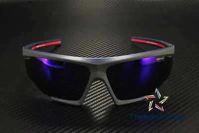 Pre-owned Prada Linea Rossa Ps 07ys 13k05u Black Red Rubber Blue 76 Mm Men's Sunglasses In Blue Mirror