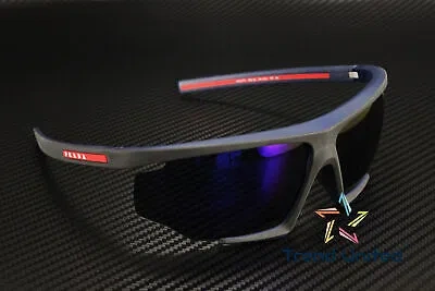 Pre-owned Prada Linea Rossa Ps 07ys 13k05u Black Red Rubber Blue 76 Mm Men's Sunglasses In Blue Mirror