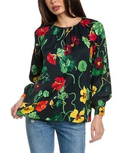 Pre-owned Oscar De La Renta Nasturtium Satin Back Crepe Blouse Women's In Blue