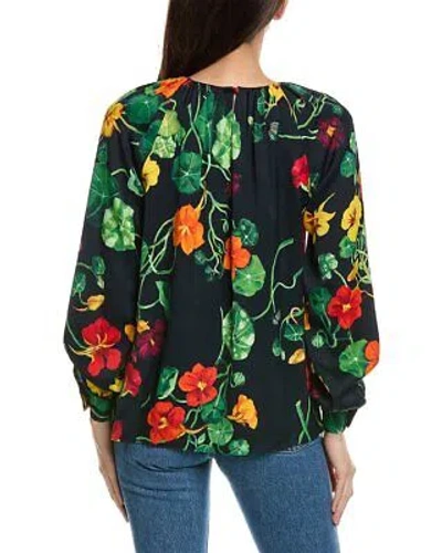 Pre-owned Oscar De La Renta Nasturtium Satin Back Crepe Blouse Women's In Blue