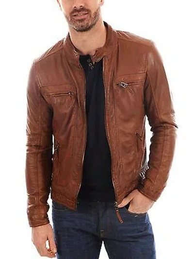 Pre-owned Handmade Men's Tan Brown Designer Jacket Slim Fit Lambskin Leather Jacket U654