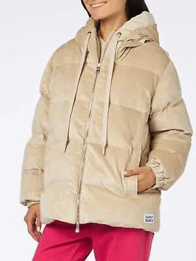 Pre-owned Saint Barth Mc2  Woman Beige Corduroy Down Padded Jacket With Hoodie In White