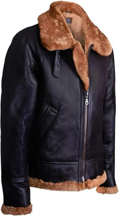 Pre-owned Handmade Men's Aviator Ginger Brown B3 Real Shearling Sheepskin Leather Bomber Flying Jac
