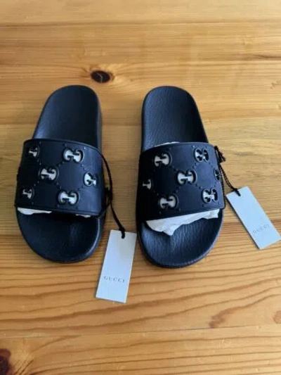 Pre-owned Gucci 573922 Flat Gg Women Slide Sandals Pool Sandals Rubber Black Size 5