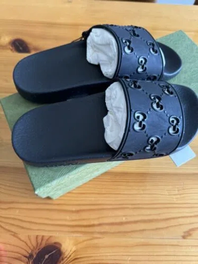 Pre-owned Gucci 573922 Flat Gg Women Slide Sandals Pool Sandals Rubber Black Size 5