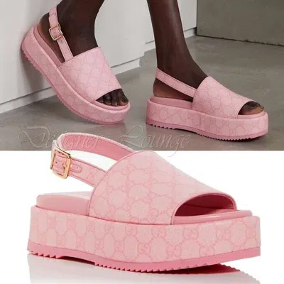Pre-owned Gucci Angelina Gg Pink Supreme Canvas Slingback Platform Sandals Eu 39.5