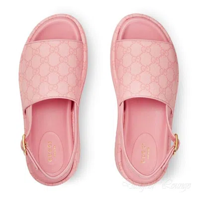 Pre-owned Gucci Angelina Gg Pink Supreme Canvas Slingback Platform Sandals Eu 39.5